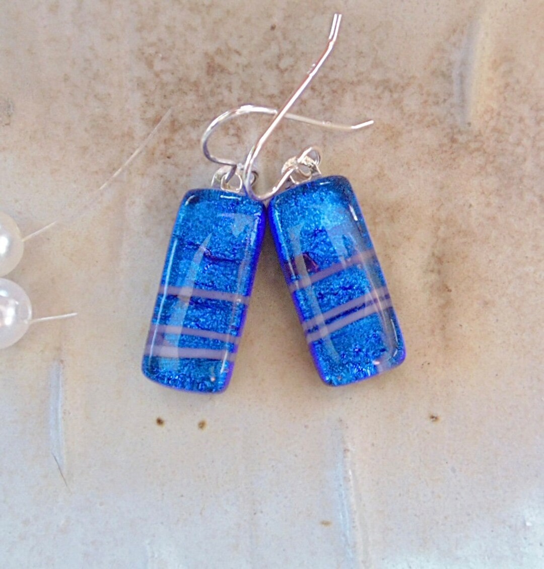 Blue Earrings, Dichroic Earrings, Glass, Fused Jewelry, Dangle