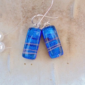 Blue Earrings, Dichroic Earrings, Glass, Fused Jewelry, Dangle, Sterling Silver, A10