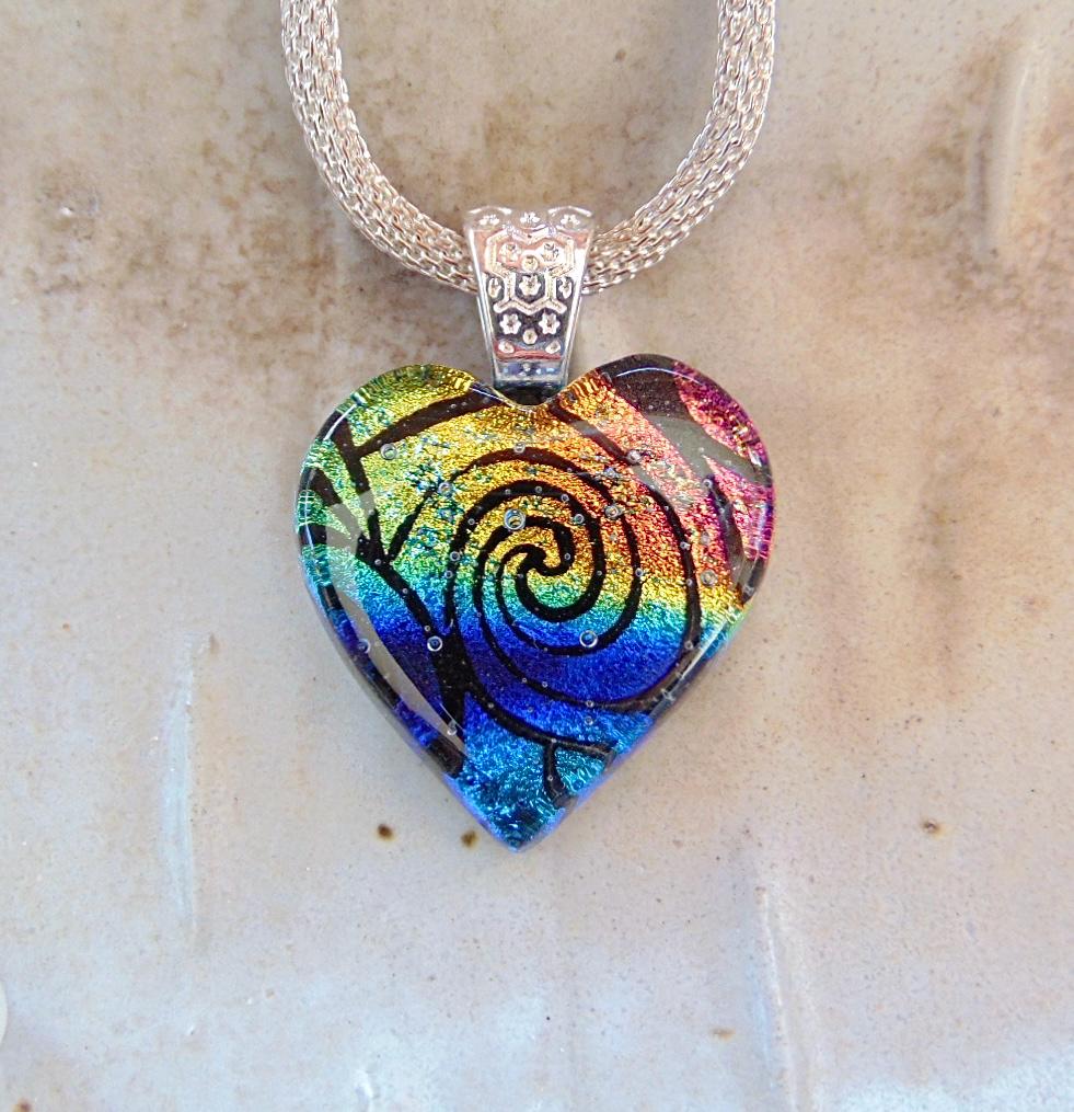 Heart Necklace, Fused Glass Jewelry, Pink, Blue, Green  display picture 1