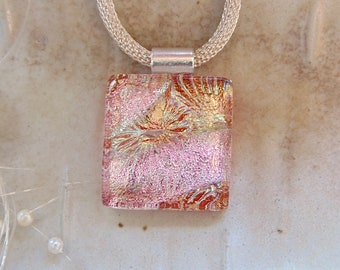 Pink Necklace, Orange, Gold, One of a Kind, Dichroic Glass Pendant, Fused Glass Jewelry, Necklace Included, A13