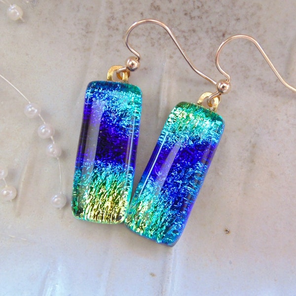 Dichroic Earrings, Glass Jewelry, Dangle, Gold Filled, Cobalt Blue, Purple, Gold