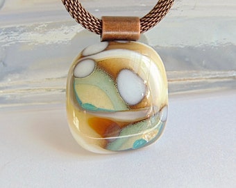 Fused Glass Jewelry, Petite, Glass Pendant, Reactive Glass, Brown, Green, White, Cream, Gray, One of a Kind, Pebble Pendant, A16