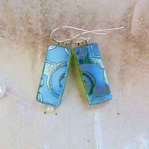 Blue Earrings, Silver, Green, Dichroic Earrings, Glass Earrings, Dangle, Sterling Silver, A3
