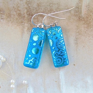 Blue Earrings, Green, Dichroic Earrings, Glass Earrings, Dangle, Handmade, Sterling Silver, A4, NEW