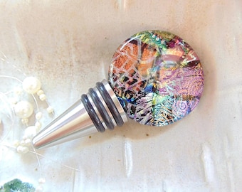 Bottle Stopper, Stainless Steel Dichroic Wine Bottle Stopper, Fused Glass, FDA Kitchen Grade, Dichroic Glass, OOAK