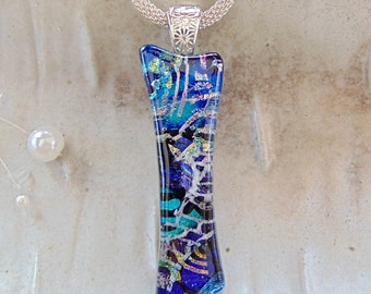 Organic Cut Out Pendant, Necklace, Blue, Purple, Green, Dichroic Glass Pendant, Fused Glass Jewelry, One of a Kind, A4, NEW