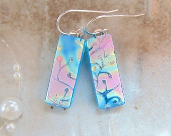 Pink Earrings, Gold, Blue, Green, Turquoise, Dichroic Earrings, Glass Earrings, Dangle, Sterling Silver, A1