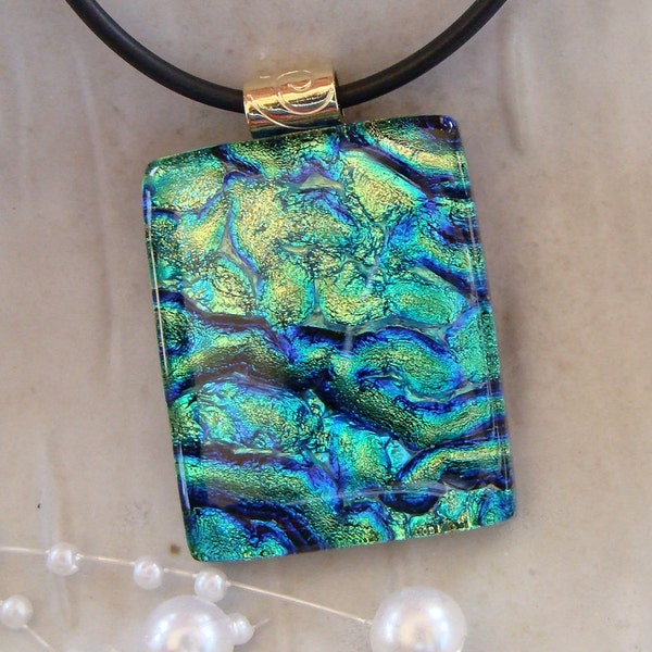 Fused Dichroic Glass Pendant, Glass Jewelry, Cobalt Blue, Aqua, Gold, Necklace Included