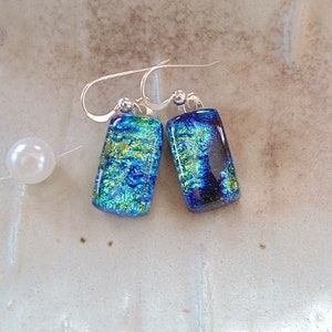Blue Earrings, Green, Gold, Petite, Dichroic Glass, Fused Glass Jewelry, Dangle, Sterling Silver, A15
