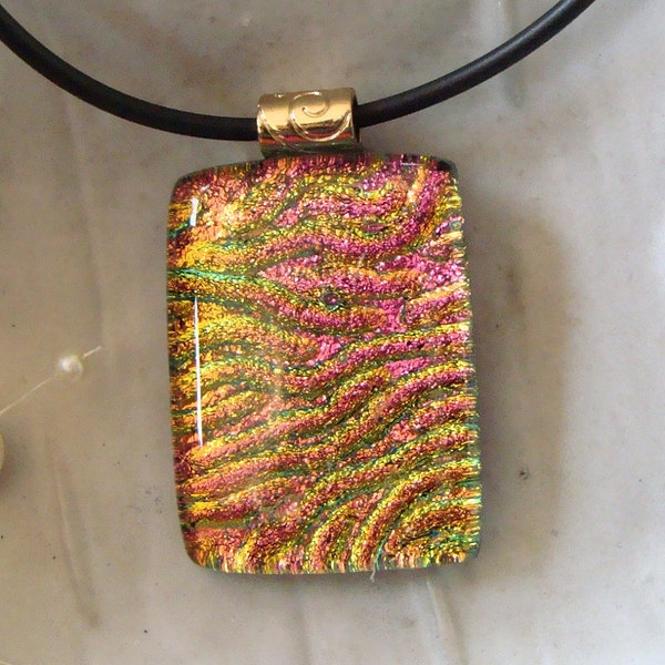 Dichroic Fused Glass Pendant, Glass Jewelry, Dichroic Necklace, Pink, Gold, Necklace Included