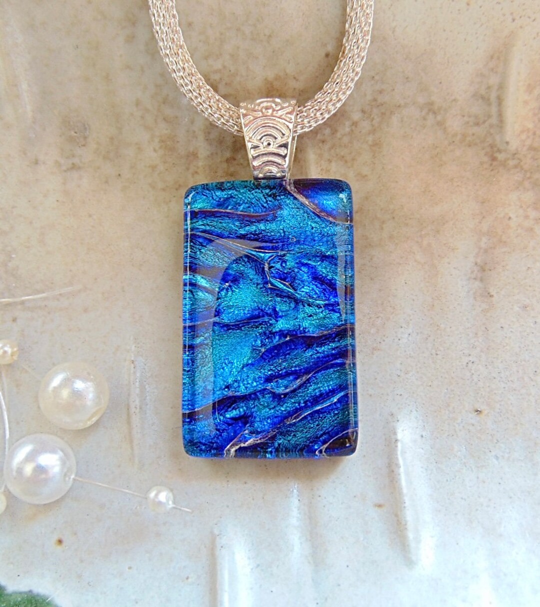 Blue Necklace, Dichroic Glass Pendant, Fused Glass Jewelry, Necklace