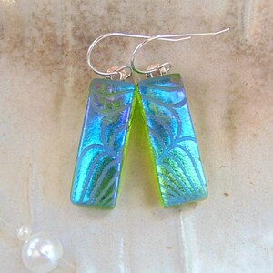 Green Earrings, Blue, Purple, Dichroic Earrings, Glass Earrings, Dangle, Sterling Silver, A7