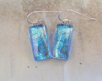 Dichroic Earrings, Blue, Green, Glass Jewelry, Dangle, Fused Glass Earrings, Sterling Silver, A8