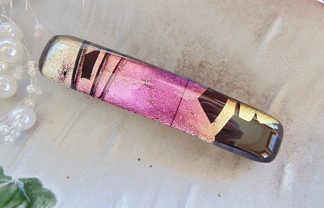 Medium Fused Dichroic Glass Barrette, Gold, Pink, Black 