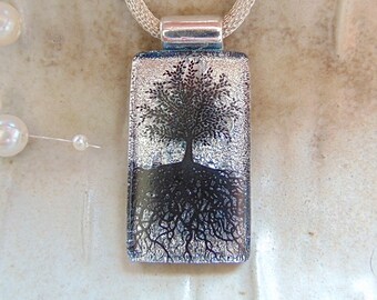 Tree of Life Necklace, Silver, Fused Glass Pendant, Fused Jewelry, Dichroic Glass, Necklace Included, A2, NEW