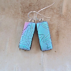 Dichroic Earrings, Green, Blue, Pink, Gold, Dichroic Earrings, Glass Earrings, Dangle, Handmade, Fused Glass Earrings, Sterling Silver, A2