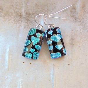Green Earrings, Black, Hearts, Dichroic Earrings, Fused Glass Earrings, Glass Earrings, Dangle, Sterling Silver, A18