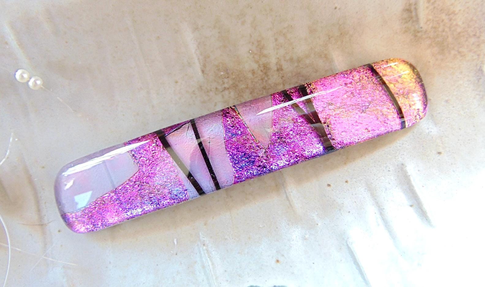 Large Fused Dichroic Glass Barrette, Pink, Gold, White  display picture 1