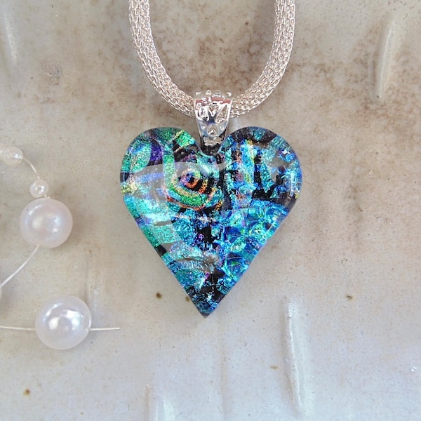 Heart Necklace, Blue, Green, Gold, Heart Pendant, Dichroic Pendant, Fused Glass Jewelry, Necklace Included, One of a Kind, A15