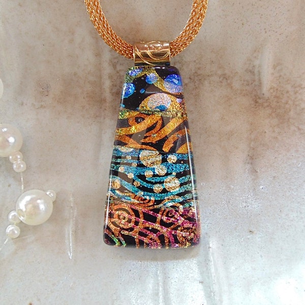 Dichroic Glass Pendant, Necklace, Fused Glass Jewelry, Necklace Included, One of a Kind, Green, Gold, Orange, Pink, Blue, A15