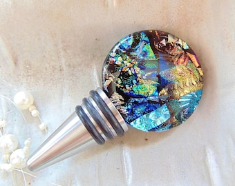 Bottle Stopper, Stainless Steel Dichroic Wine Bottle Stopper, Fused Glass, FDA Kitchen Grade, Dichroic Glass, OOAK