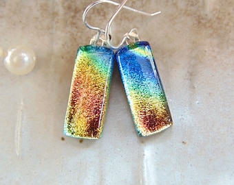 Rainbow Earrings, Blue, Pink, Green, Gold, Dichroic Earrings, Glass Jewelry, Dangle, Fused Glass Earrings, Sterling Silver, A12, NEW