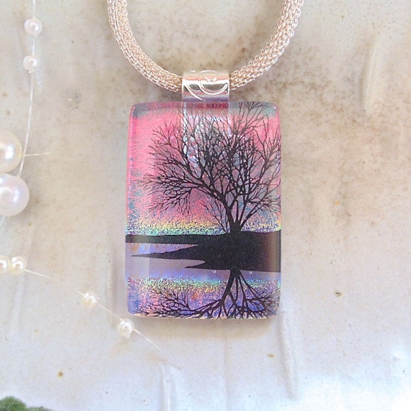 Dichroic Pendant, Fused Glass Jewelry, Reflecting Tree, Necklace Included, Red, Lavender, A4