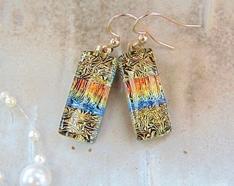 Gold Earrings, Red, Rainbow, One of a Kind, Dichroic Earrings, Glass Jewelry, Dangle, Gold Filled, A16, NEW