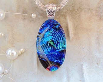 Dichroic Glass Pendant, Blue, Green, Fused Glass Jewelry, Necklace Included, One of a Kind, A17, NEW