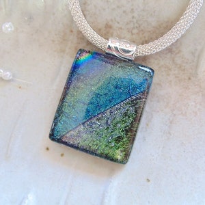 Green Necklace, Teal, Gray, Blue, Dichroic Glass Pendant, Fused Glass Jewelry, Necklace Included, A10