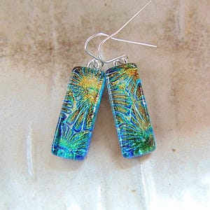 Green Earrings, Blue, Dichroic Glass Earrings, Fused Glass Jewelry