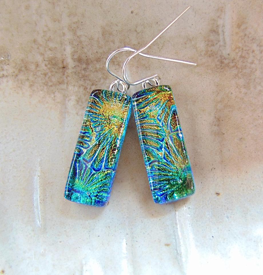 Green Earrings, Blue, Dichroic Glass Earrings, Fused Glass Jewelry