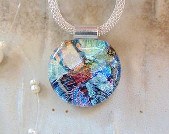Dichroic Glass Pendant Necklace: Petite, Green, Blue, Orange, Shimmering Fused Glass Jewelry, A19