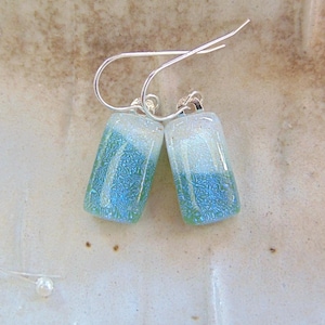 Dichroic Glass Earrings, Petite, Glass Jewelry, Fused Glass Earrings, Dangle, Aqua, Blue, White, A15