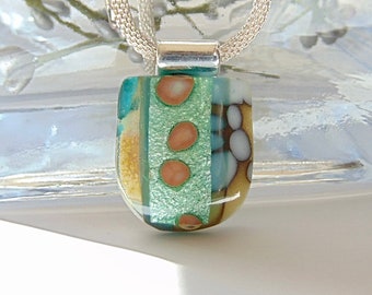 Fused Glass Pendant, Organic, Petite, Green, Fused Glass Jewelry, Reactive Glass, OOAK, Pebble Effect, Includes Necklace, A3