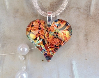 Heart Necklace, Fused Glass Pendant, Glass Jewelry, Orange, Red, Gold, One of a Kind, Necklace Included, A12