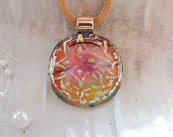 Blob Pendant, One of a Kind Necklace, Gold, Orange, Pink, Dichroic Glass Pendant, Fused Glass Jewelry, Necklace Included, A1