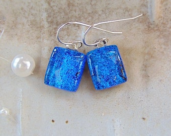 Blue Earrings, Petite, Dichroic Earrings, Glass Earrings, Dangle, Sterling Silver, A3