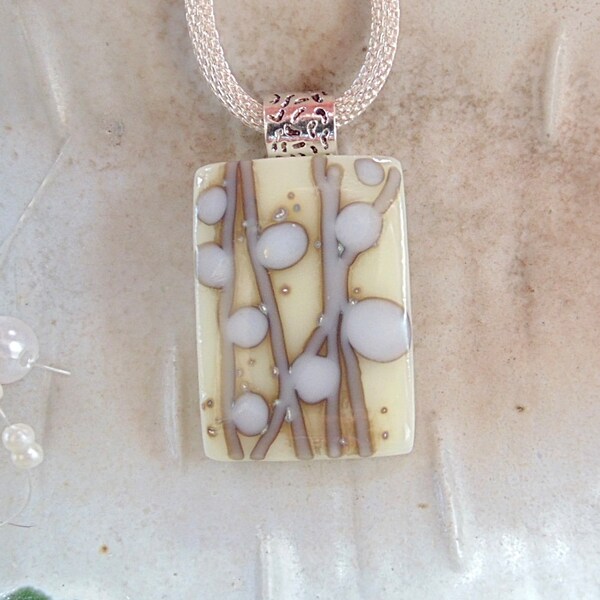 Fused Glass Jewelry, Glass Pendant, Reactive Glass, White, Cream, Gray, One of a Kind, Necklace, A7