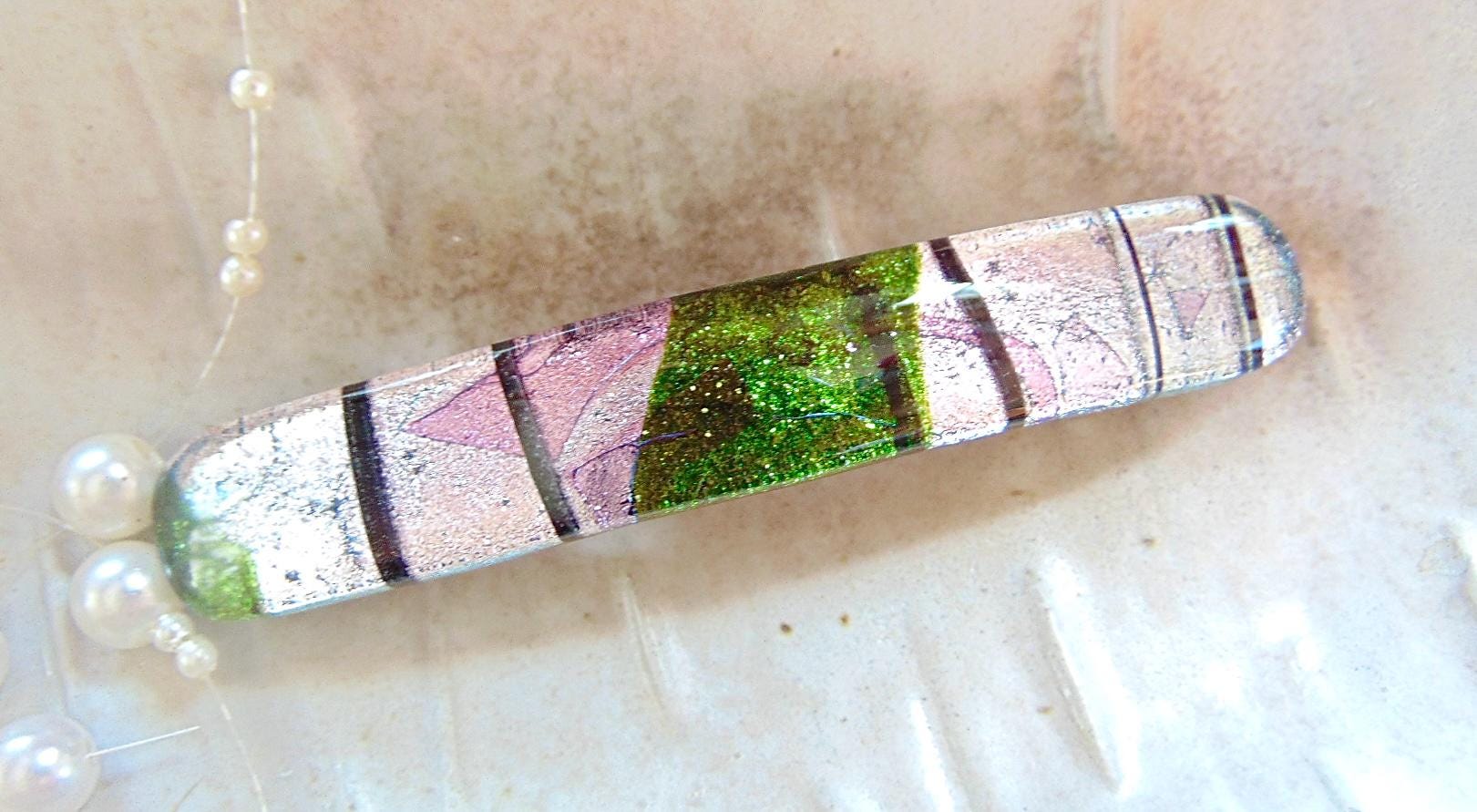 Medium Dichroic Glass Barrette, Pink, Silver, Green, Black 