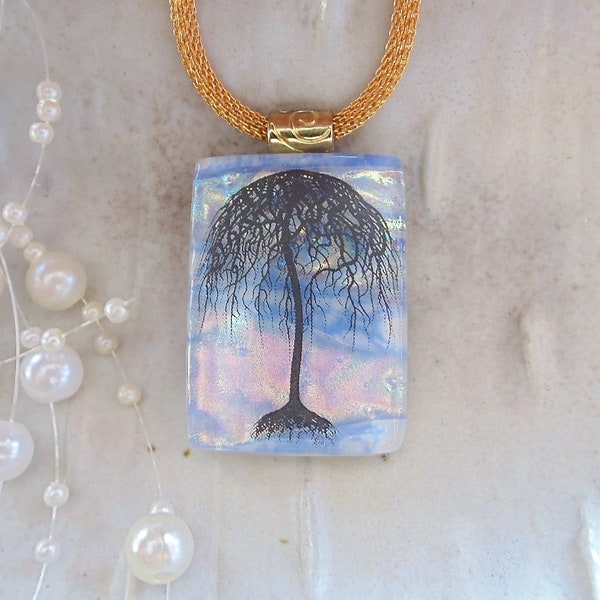 Blue Necklace, Fused Dichroic Glass Pendant, Fused Glass Jewelry, Umbrella Tree, Blue, Necklace Included, A1