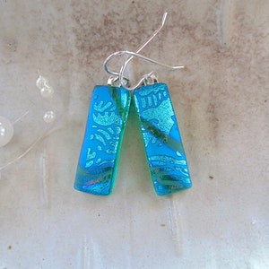 Green Earrings, Blue, Dichroic Earrings, Glass Earrings, Dangle, Sterling Silver, A10