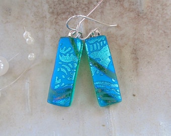 Green Earrings, Blue, Dichroic Earrings, Glass Earrings, Dangle, Sterling Silver, A10