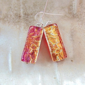 Pink Earrings, Gold, Red, Fused Glass Jewelry, Fused Dichroic Glass Earrings, Dangle, Sterling Silver, A15