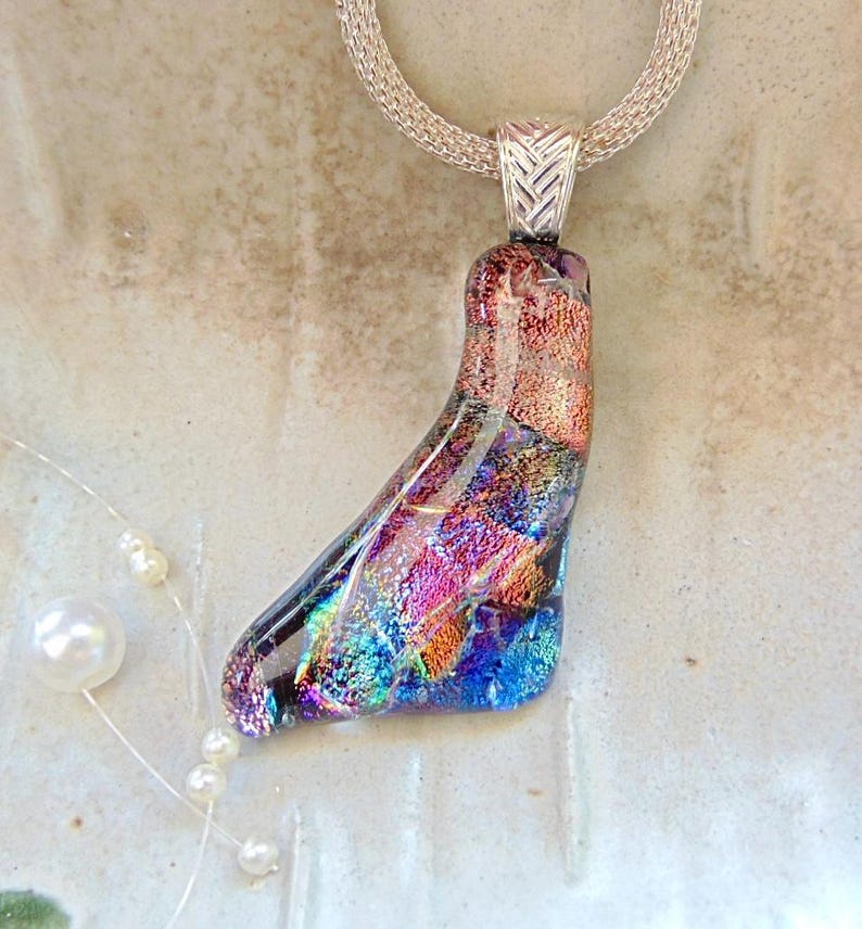 Organic Cut Out Pendant, Necklace, Copper, Green, Blue, Dichroic Glass