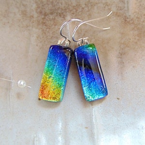 Blue Earrings, Green, Gold, Rainbow, Dichroic Earrings, Glass Jewelry, Dangle, Fused Glass Earrings, Sterling Silver, A2, NEW
