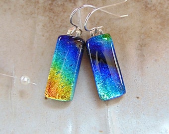 Blue Earrings, Green, Gold, Rainbow, Dichroic Earrings, Glass Jewelry, Dangle, Fused Glass Earrings, Sterling Silver, A2, NEW