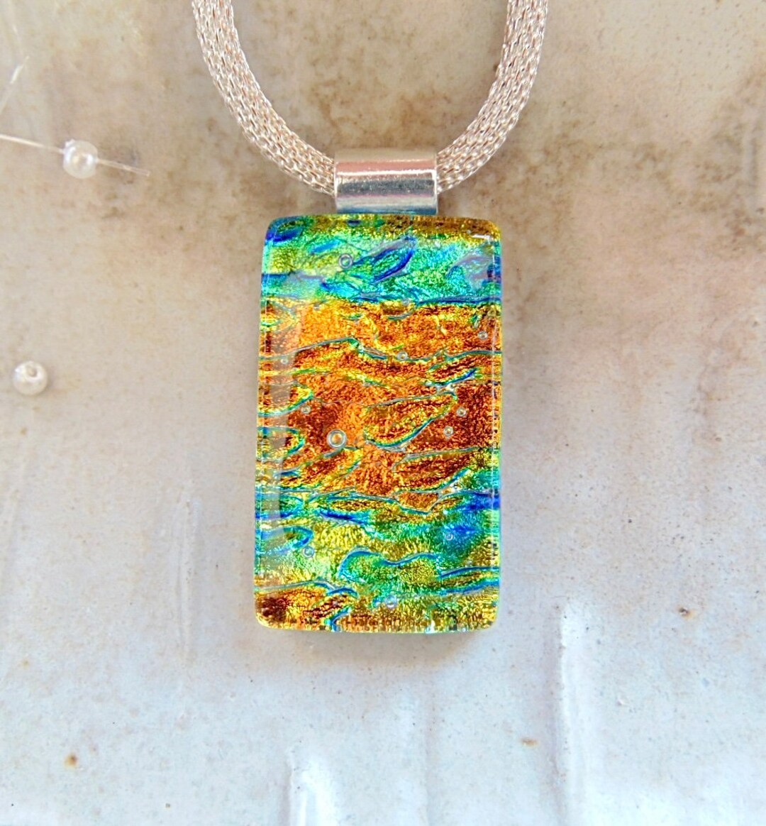 Orange Necklace, Blue, Green, Gold, Dichroic Glass Pendant, Fused Glass