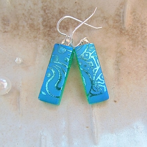 Green Earrings, Blue, Dichroic Earrings, Glass Earrings, Dangle, Handmade, Fused Glass Earrings, Sterling Silver, A12