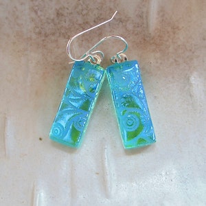 Green Earrings, Blue, Dichroic Earrings, Glass Earrings, Dangle, Handmade, Fused Glass Earrings, Sterling Silver, A8